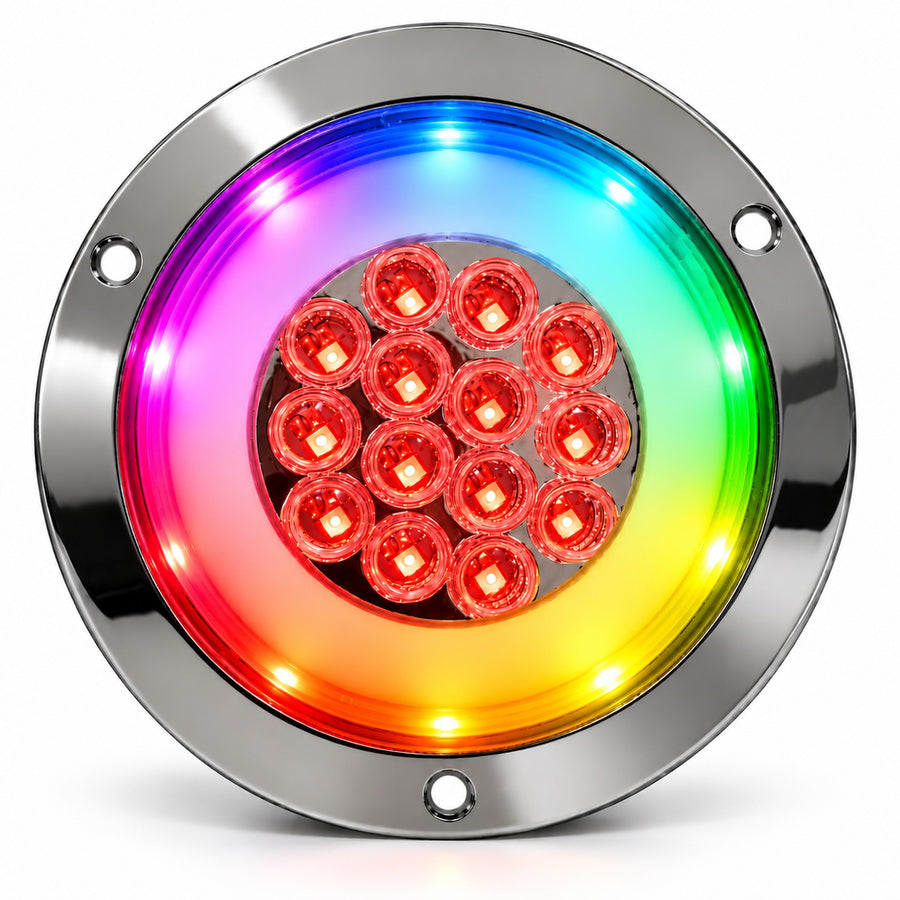 Plafon Redondo 4" 14 Led Fijo Y Estrobo Con Arillo Rgb 12/24v Rojo