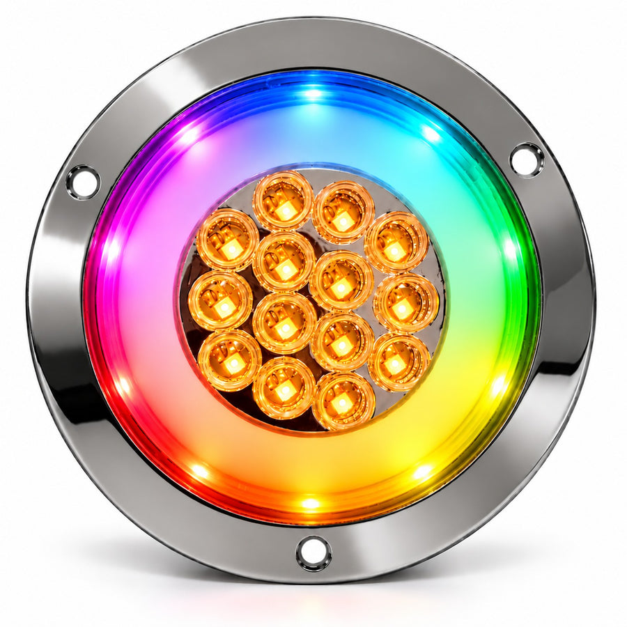 Plafon Redondo 4" 14 Led Fijo Y Estrobo Con Arillo Rgb 12/24v Ambar